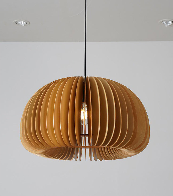 Beige Wood Slatted Hanging Light Chinese Style 1 Light  Restaurant Ceiling Pendant Lamp