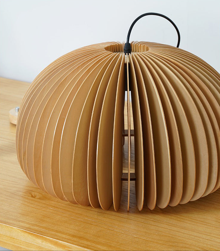 Beige Wood Slatted Hanging Light Chinese Style 1 Light  Restaurant Ceiling Pendant Lamp