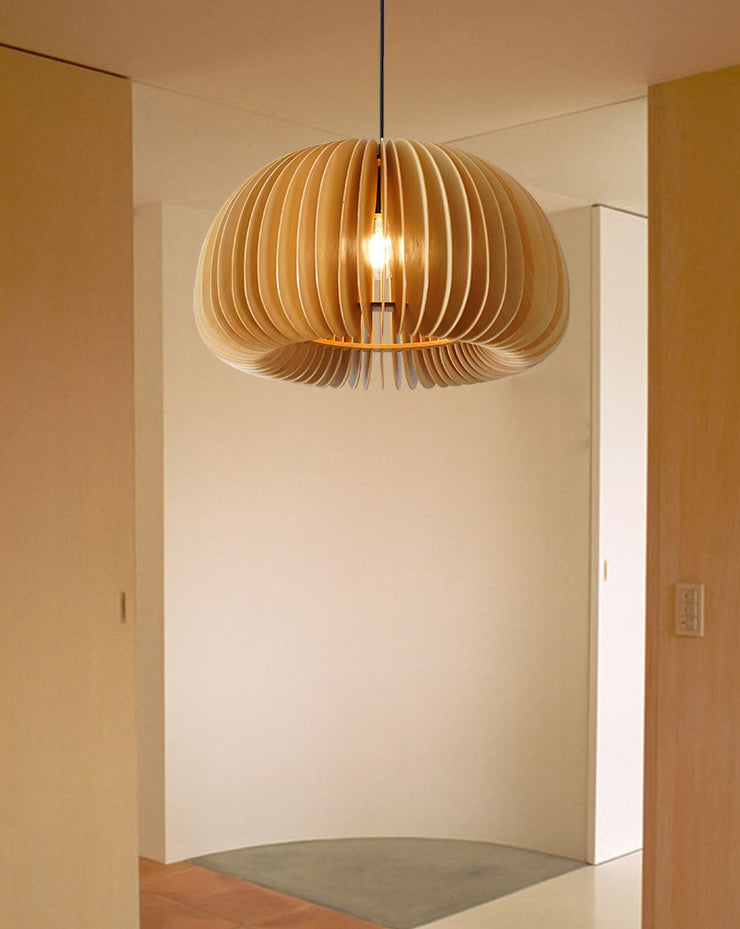 Beige Wood Slatted Hanging Light Chinese Style 1 Light  Restaurant Ceiling Pendant Lamp