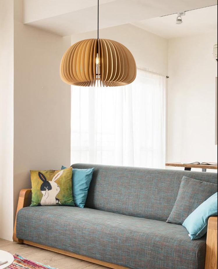 Beige Wood Slatted Hanging Light Chinese Style 1 Light  Restaurant Ceiling Pendant Lamp