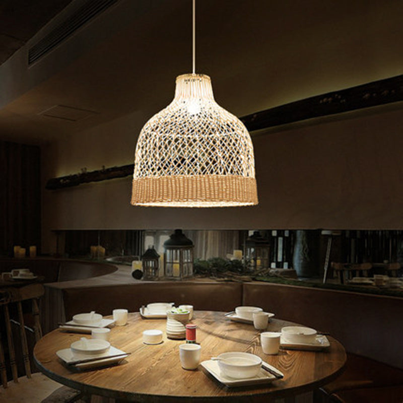 Handwoven Dome Pendant Light Fixture Chinese Rattan Fiber Single Bulb Ceiling Light for Dining Table