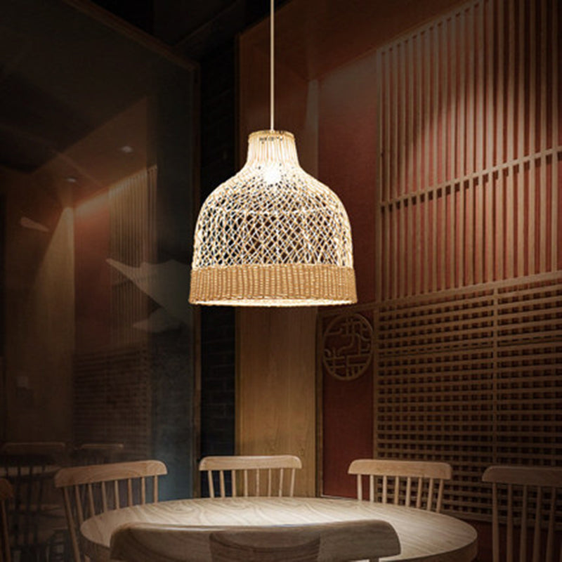 Handwoven Dome Pendant Light Fixture Chinese Rattan Fiber Single Bulb Ceiling Light for Dining Table