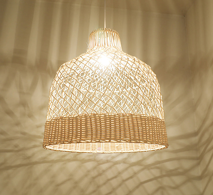 Handwoven Dome Pendant Light Fixture Chinese Rattan Fiber Single Bulb Ceiling Light for Dining Table