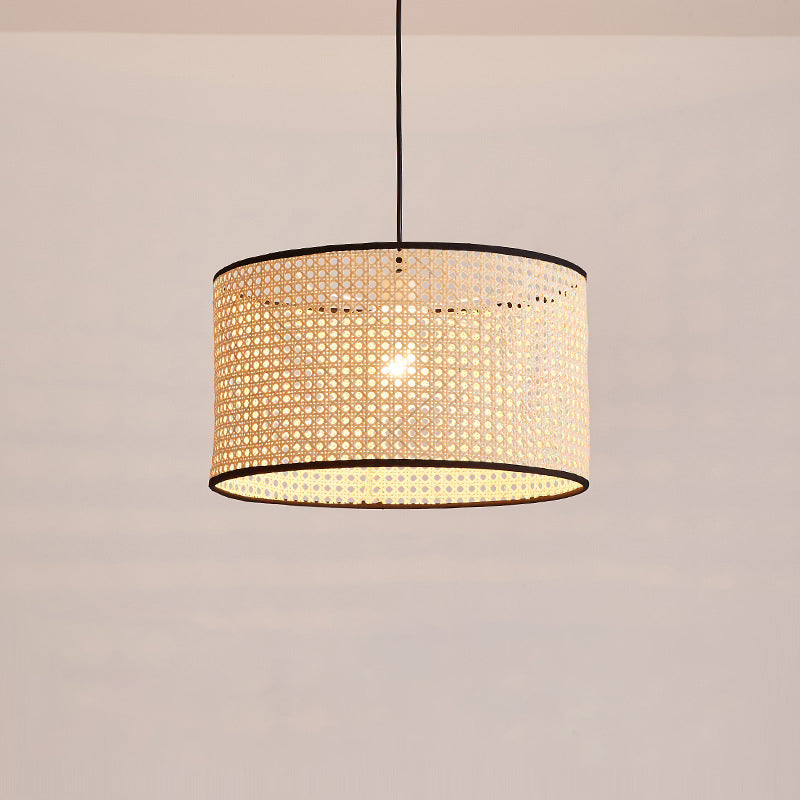 Drum Rattan Schatten Anhänger Hanging Lamp Asia Style 1 Licht hängende Deckenleuchte im Beige für Wohnzimmer