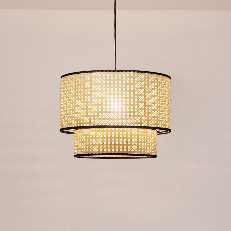 Drum Rattan Schatten Anhänger Hanging Lamp Asia Style 1 Licht hängende Deckenleuchte im Beige für Wohnzimmer