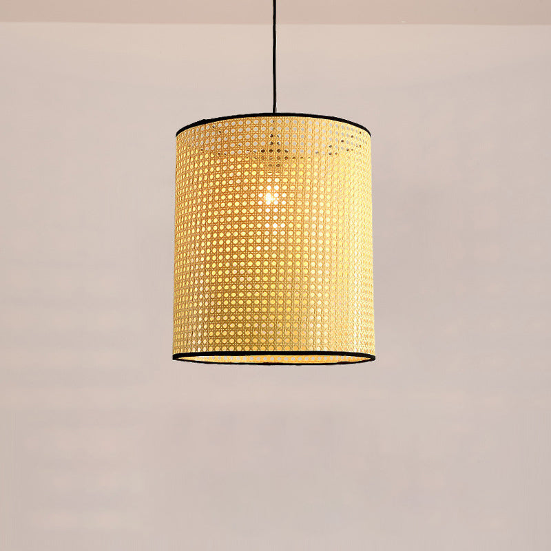 Drum Rattan Schatten Anhänger Hanging Lamp Asia Style 1 Licht hängende Deckenleuchte im Beige für Wohnzimmer