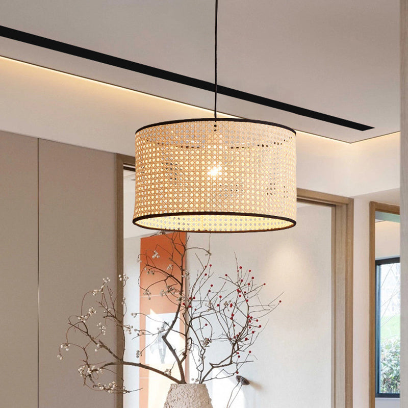 Drum Rattan Schatten Anhänger Hanging Lamp Asia Style 1 Licht hängende Deckenleuchte im Beige für Wohnzimmer