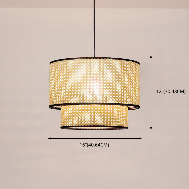 Drum Rattan Schatten Anhänger Hanging Lamp Asia Style 1 Licht hängende Deckenleuchte im Beige für Wohnzimmer