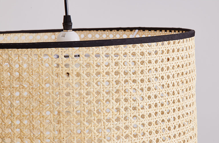 Drum Rattan Schatten Anhänger Hanging Lamp Asia Style 1 Licht hängende Deckenleuchte im Beige für Wohnzimmer