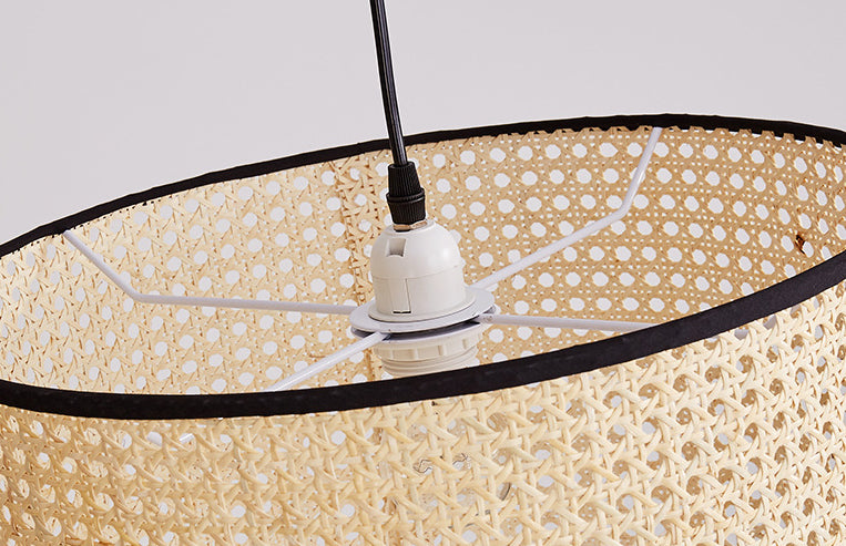 Drum Rattan Schatten Anhänger Hanging Lamp Asia Style 1 Licht hängende Deckenleuchte im Beige für Wohnzimmer