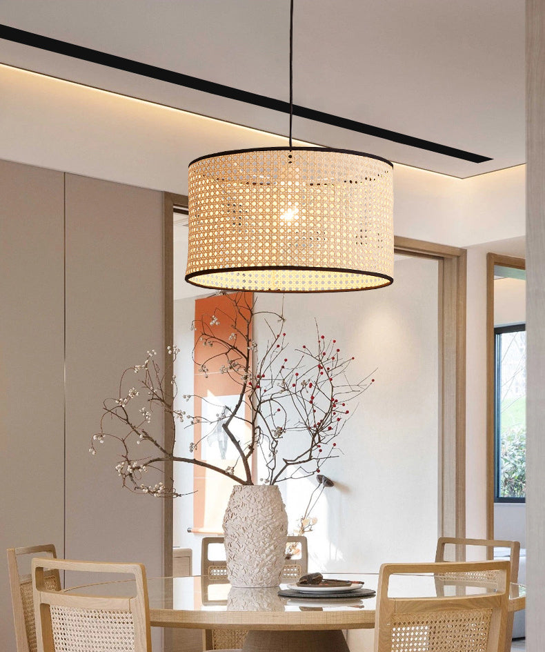 Drum Rattan Schatten Anhänger Hanging Lamp Asia Style 1 Licht hängende Deckenleuchte im Beige für Wohnzimmer