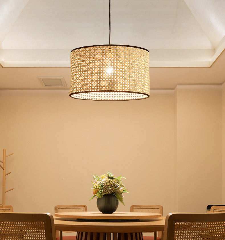 Drum Rattan Schatten Anhänger Hanging Lamp Asia Style 1 Licht hängende Deckenleuchte im Beige für Wohnzimmer
