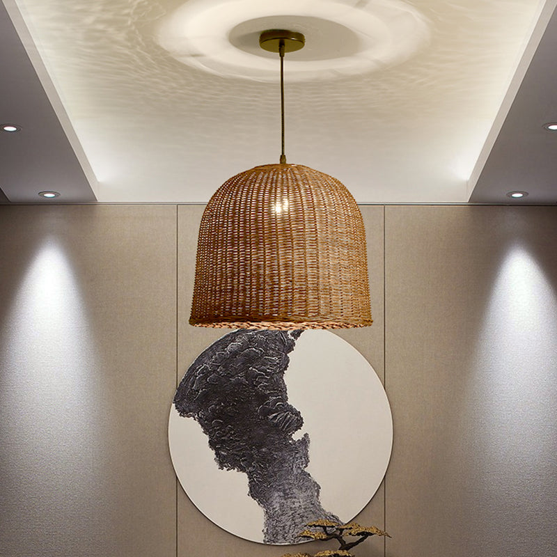 Farmhouse Natural Rattan Pendant Lighting 1-Light  Dining Room Hanging Lamp in Brown
