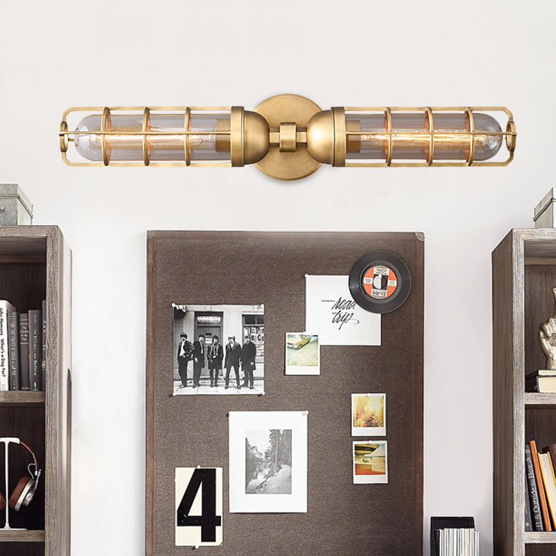 Retro Dual Cylinder Wall Mounted Light 2 Bulbs Clear Glass Sconce Lighting with Gold Metal Frame