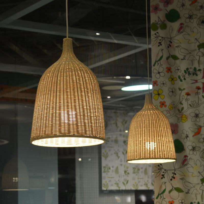 Farmhouse Natural Cloche Bamboo Pendant Lighting 1-Light  Dining Room Hanging Lamp