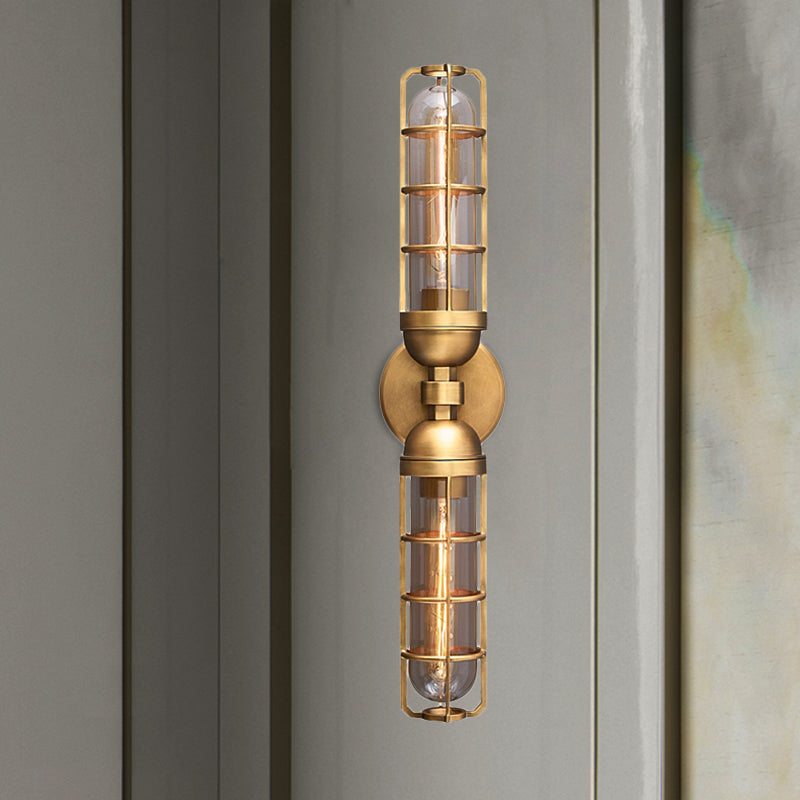 Retro Dual Cylinder Wall Mounted Light 2 Bulbs Clear Glass Sconce Lighting with Gold Metal Frame