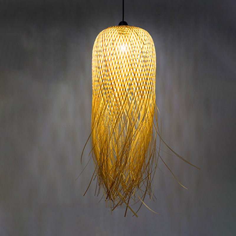 Beige Hand-Woven Pendant Asia Art Deco 1 Bulb Bamboo Hanging Light for Dining Table