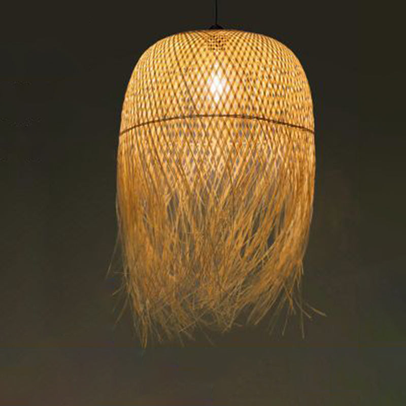 Beige Hand-Woven Pendant Asia Art Deco 1 Bulb Bamboo Hanging Light for Dining Table
