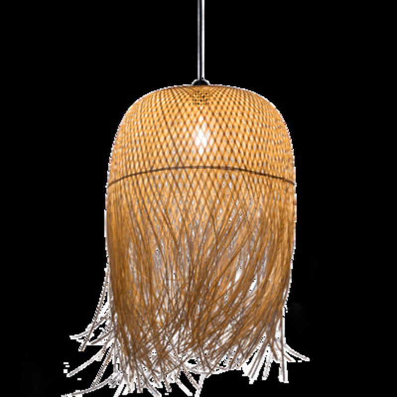 Beige Hand-Woven Pendant Asia Art Deco 1 Bulb Bamboo Hanging Light for Dining Table