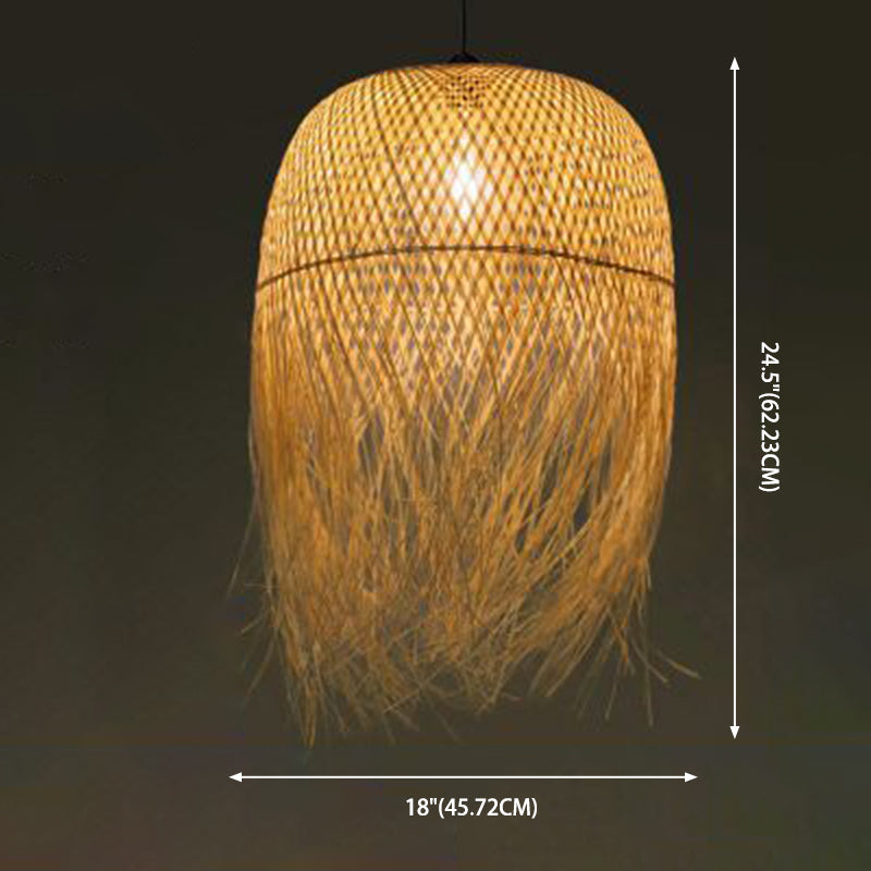 Beige Hand-Woven Pendant Asia Art Deco 1 Bulb Bamboo Hanging Light for Dining Table