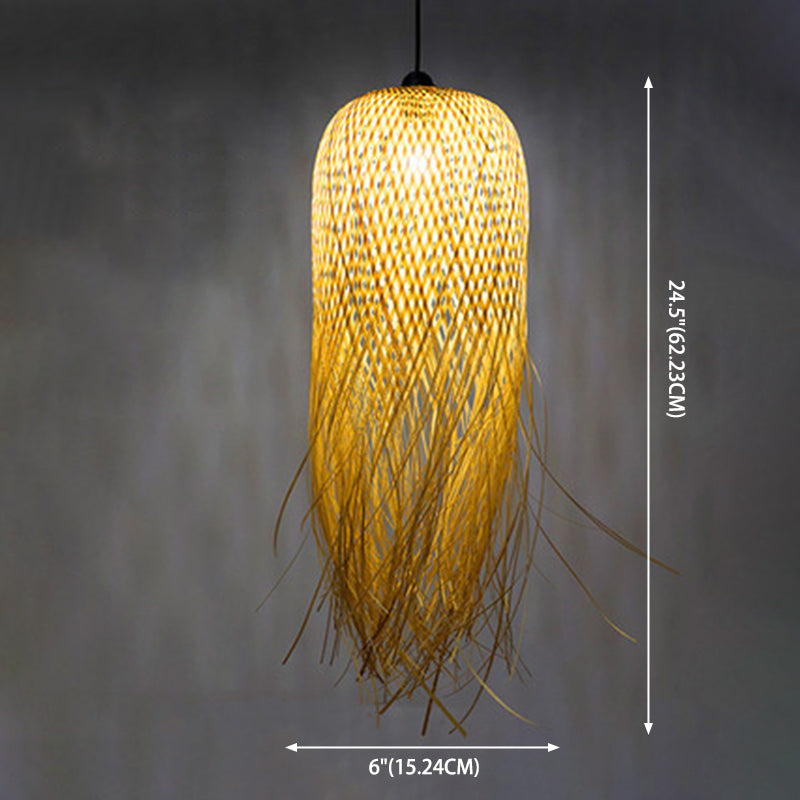 Beige Hand-Woven Pendant Asia Art Deco 1 Bulb Bamboo Hanging Light for Dining Table