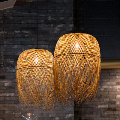 Beige Hand-Woven Pendant Asia Art Deco 1 Bulb Bamboo Hanging Light for Dining Table