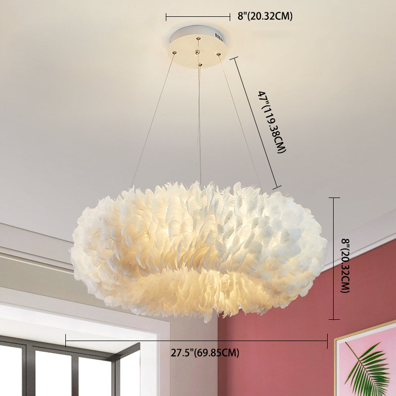 Art Deco White Feather Drop Pendant Modern Creative Round Hanging Ceiling Light for Bedroom