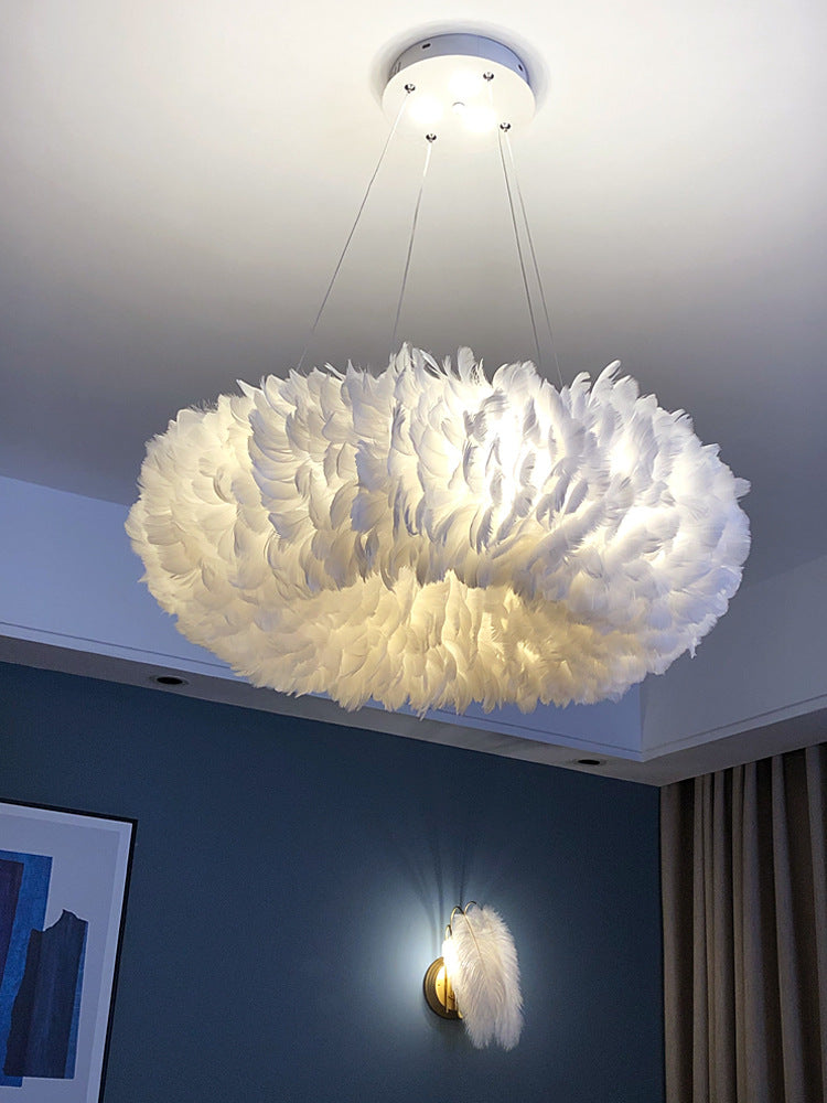 Art Deco White Feather Drop Pendant Modern Creative Round Hanging Ceiling Light for Bedroom