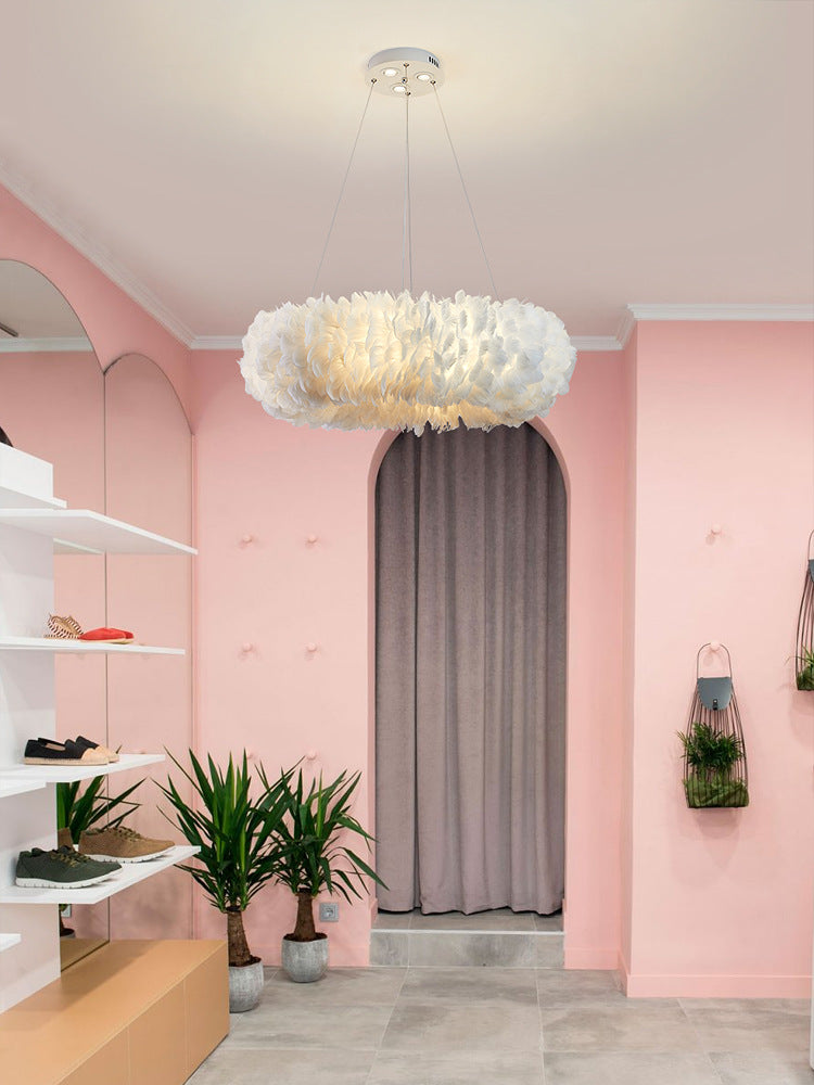 Art Deco White Feather Drop Pendant Modern Creative Round Hanging Ceiling Light for Bedroom