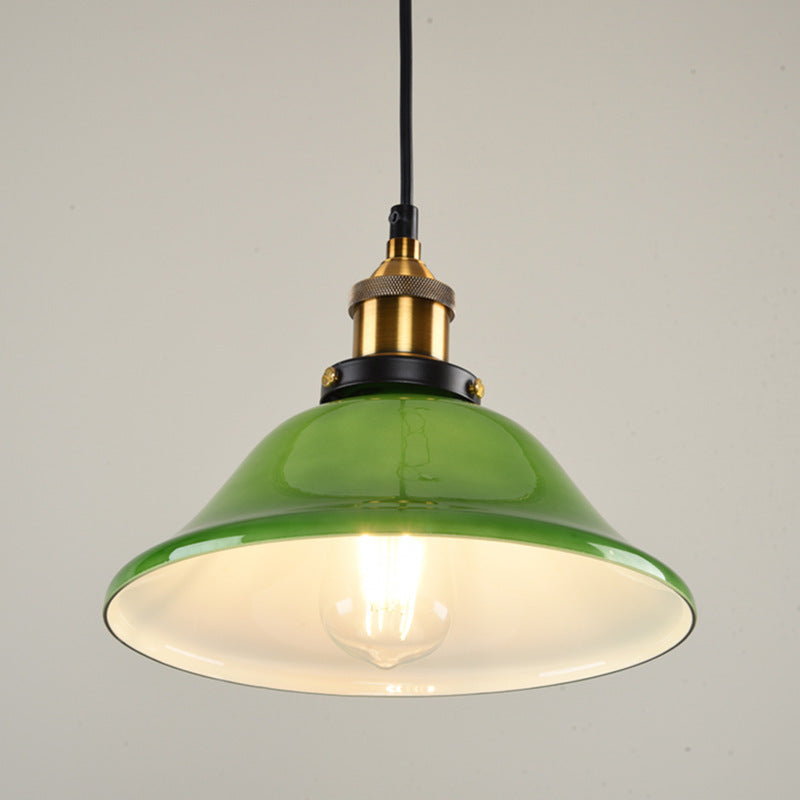 Green 1-Light Pendant Ceiling Light Retro Glass Shade Cone Pendant Light Fixture for Living Room