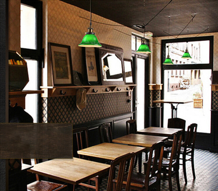 Green 1-Light Pendant Ceiling Light Retro Glass Shade Cone Pendant Light Fixture for Living Room