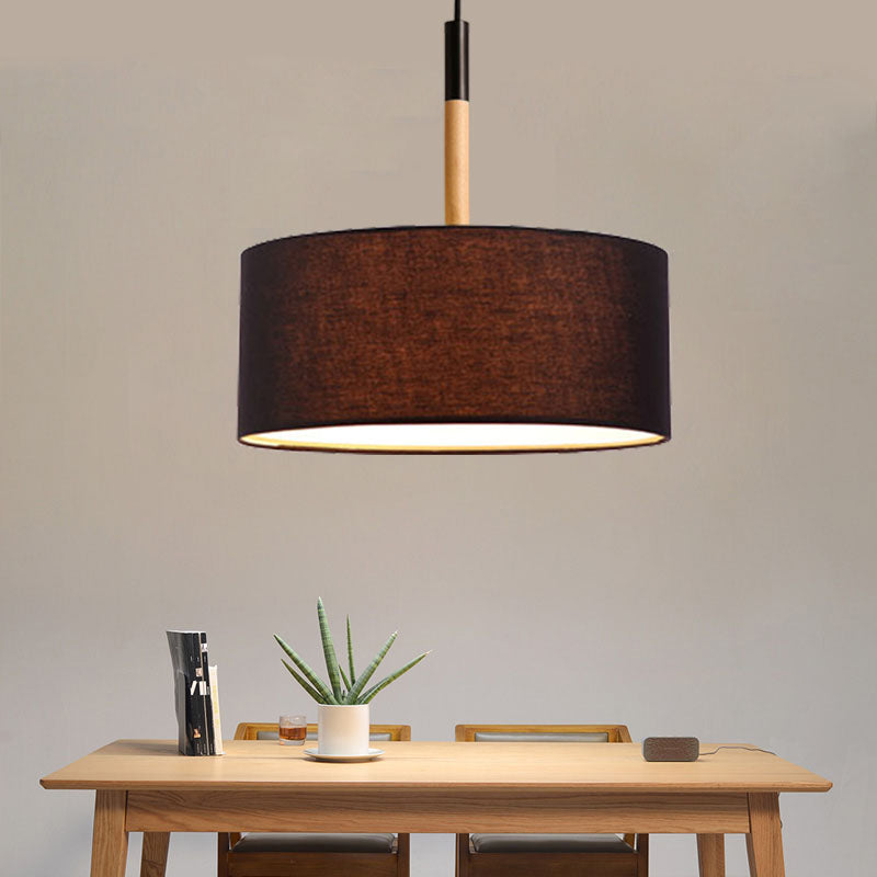 Modernism Cylinder Chandelier, Textile Shade, Wood And Metal Adjustable Chain