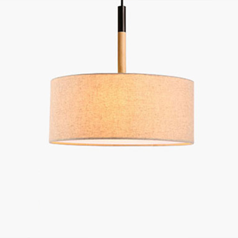 Modernism Cylinder Chandelier, Textile Shade, Wood And Metal Adjustable Chain