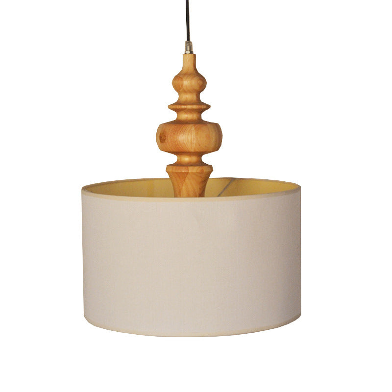Off White Fabric Shade Chandelier, Adjustable Chain with Wood Accents
