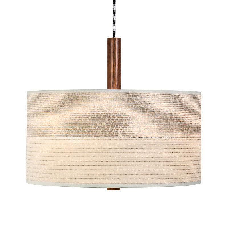 Modernism Drum Chandelier , Cotton And Linen Shade, Adjustable Chain with Wood Accents