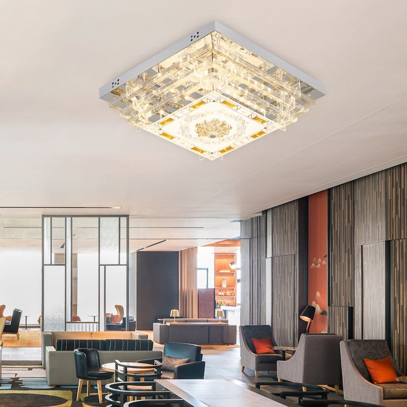 White Rectangle Flush Light Contemporary Crystal Rod 19.5"/31.5" Wide LED Ceiling Light Fixture in 5/7 Color Light