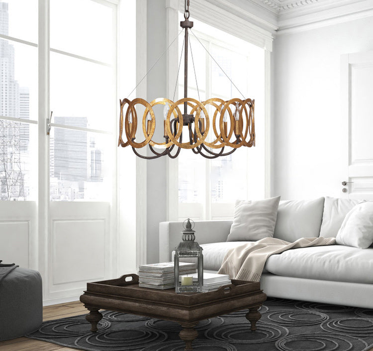 Overlap Rust Ring Industry Style Chandelier Light 19" Wide Candlestick Shape Vintage Hanging Lighting Fixture for Living Room