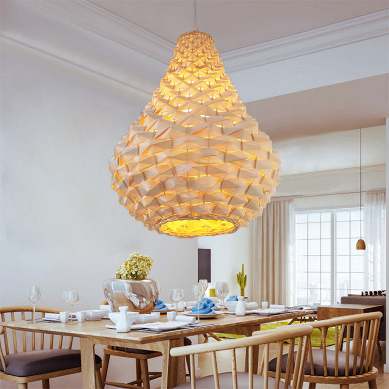 12"/14"/16" Wide Wood Teardrop/Globe/Dome Drop Light Chinese Single Bulb Beige Hanging Pendant for Dining Room