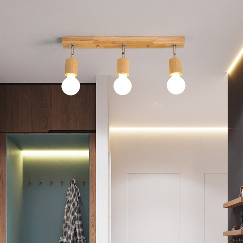 Open Bulb Ceiling Light Fixture Minimalist Wooden Hallway Semi Flush Mount Light