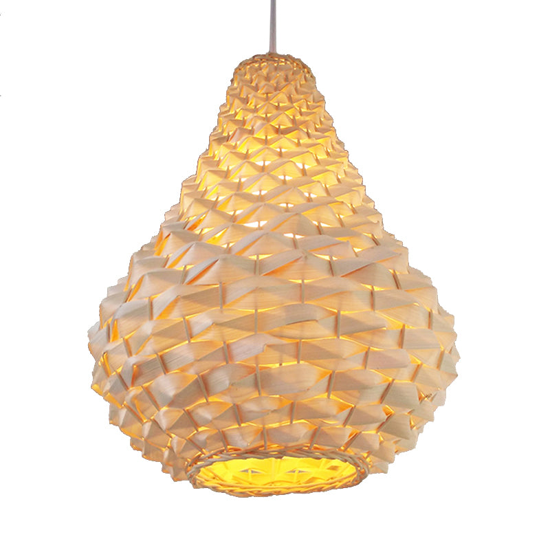 12"/14"/16" Wide Wood Teardrop/Globe/Dome Drop Light Chinese Single Bulb Beige Hanging Pendant for Dining Room