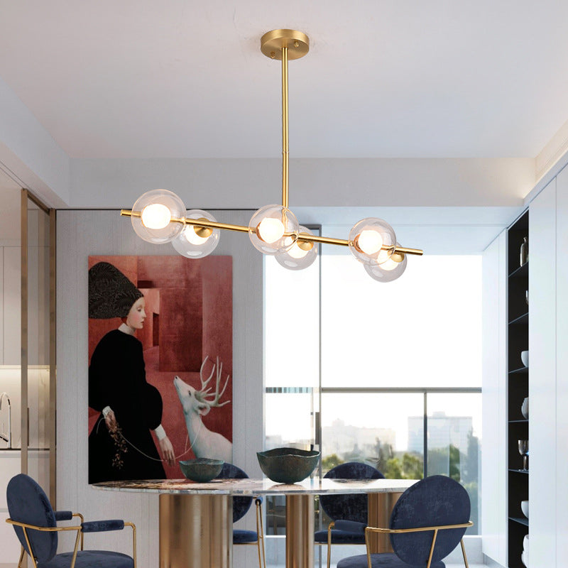 Mid-Century Gold Metal Island Pendant Lighting Spherical Glass Island Ceiling Light for Dining Table