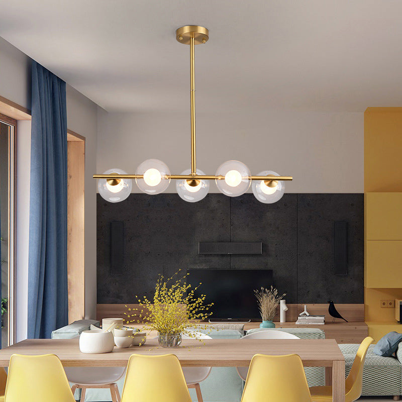 Mid-Century Gold Metal Island Pendant Lighting Spherical Glass Island Ceiling Light for Dining Table