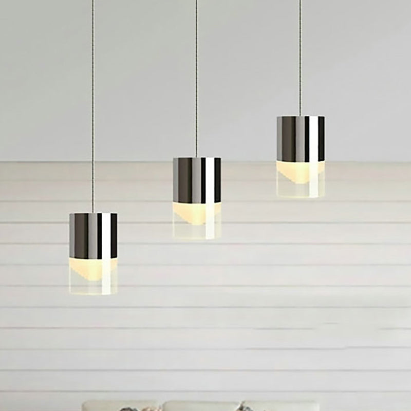 Lámpara colgante de cilindro de luz triple de metal simple y vidrio cromado Luz de cromo para barra