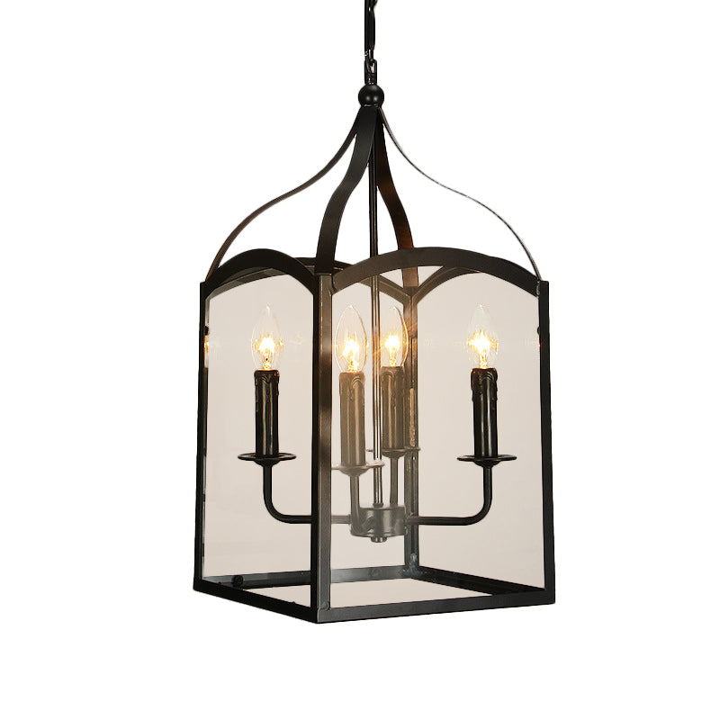 Wire Cage Indoor Chandelier Pendant Light Industrial Style Metal 4 Heads Black Hanging Lamp with Glass Panes