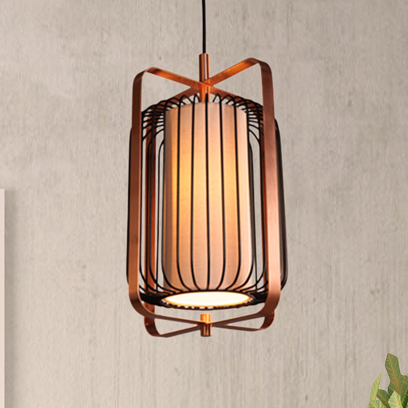 Cylinder/Barrel/Drum Cage Metal Pendant Light Fixture Vintage 1 Light Living Room Black Hanging Lighting with Inner Fabric Shade