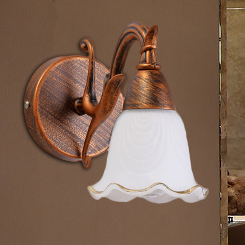 1/2/3-Head Wall Mounted Light Traditional Style Petal Shade Frosted Glass and Metal Wall Lighting in Copper/White