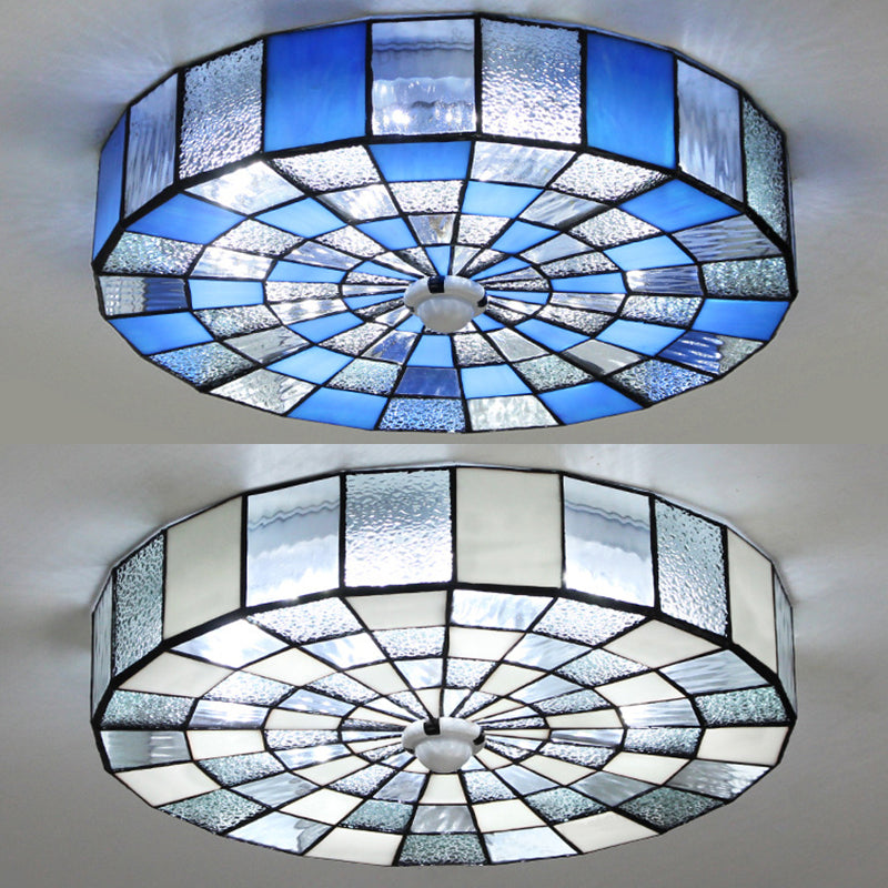 Luz de techo redondo Luz rústica vidriada 1 Luz de techo de montaje ligero en azul/blanco para dormitorio