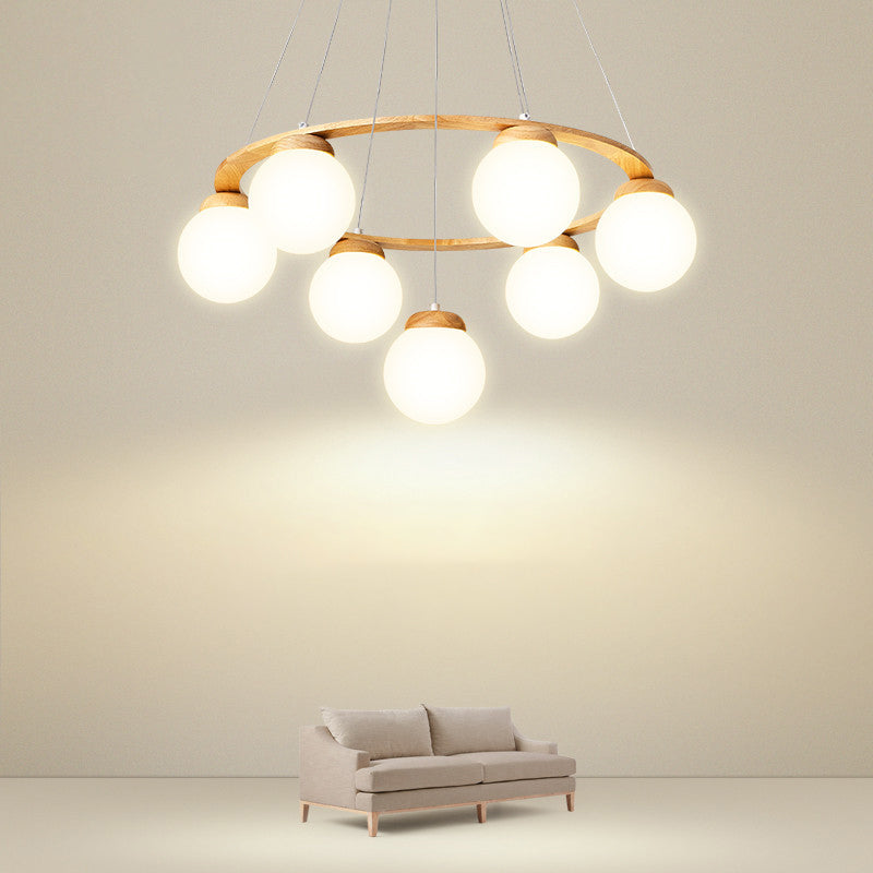 Wooden Circle Chandelier Nordic Style Hanging Light with Ball White Glass Shade