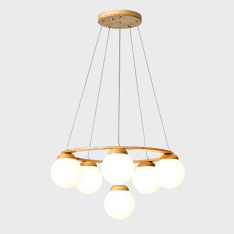 Wooden Circle Chandelier Nordic Style Hanging Light with Ball White Glass Shade