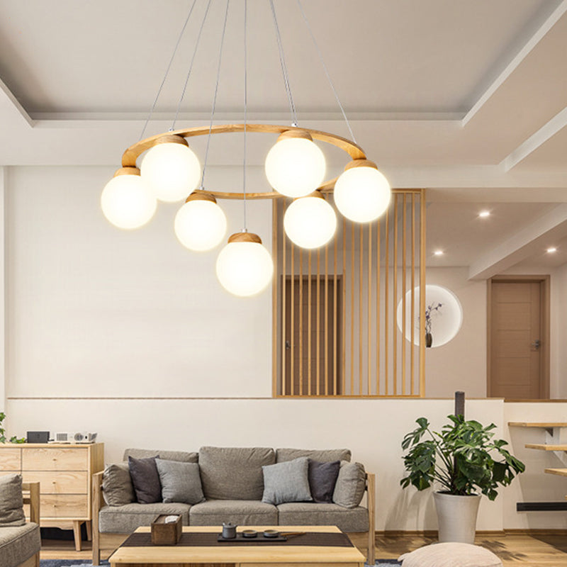 Wooden Circle Chandelier Nordic Style Hanging Light with Ball White Glass Shade